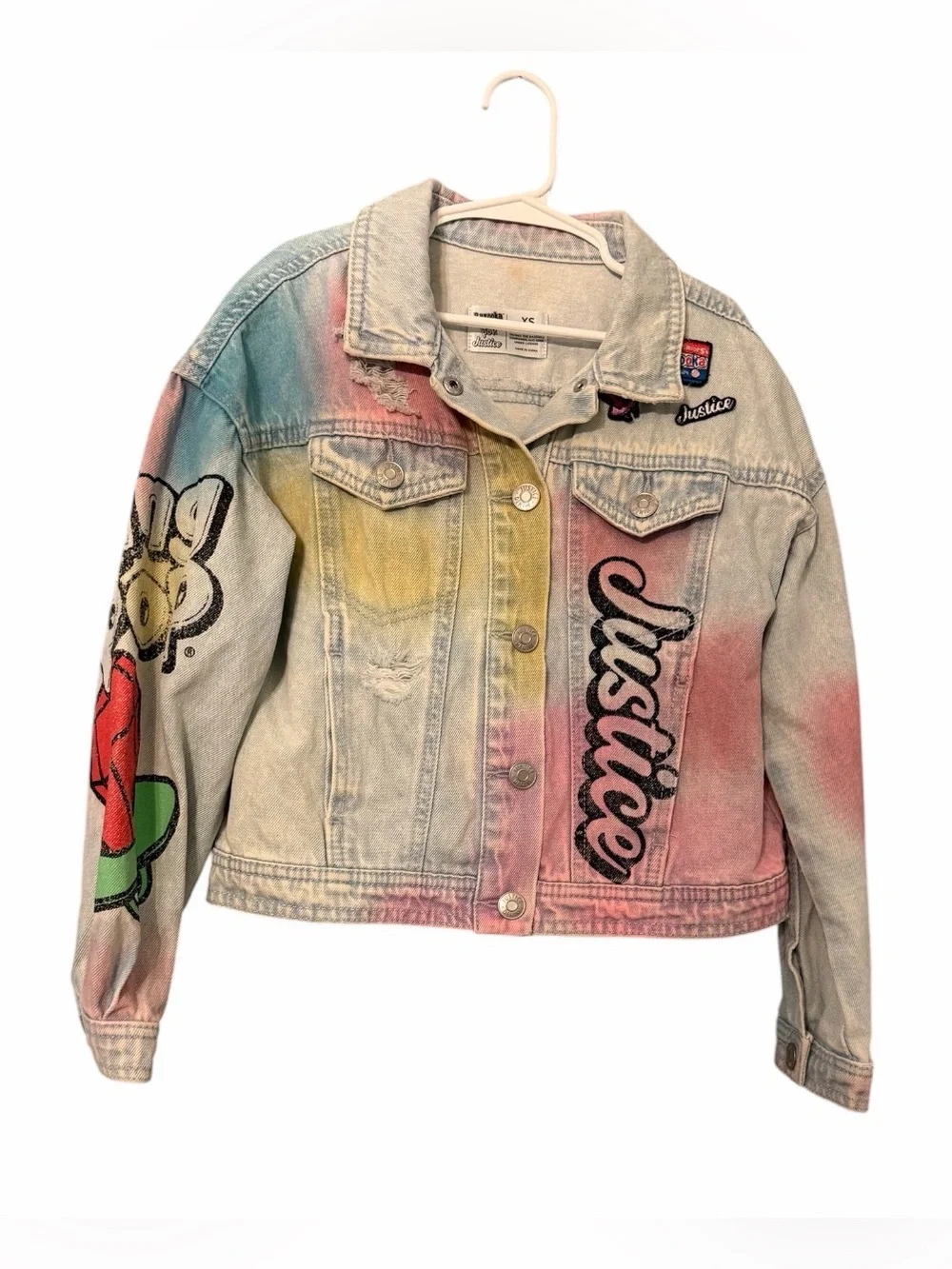 Justice x Bazooka x Ring Pop Denim Jacket Girls XS (5/6) Pastel Tie Dye
